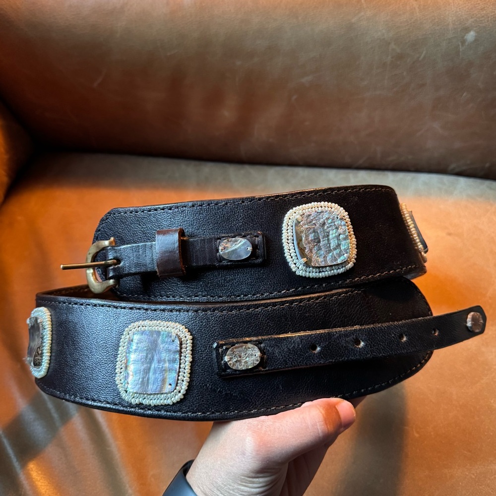 Vintage mother of pearl beaded embellish belt abalone dark brown leather